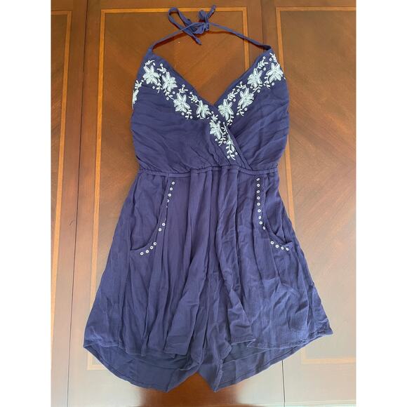 Love, Fire Romper Womens Large Floral Embroidered Stretch Navy Blue Pockets - Picture 1 of 10